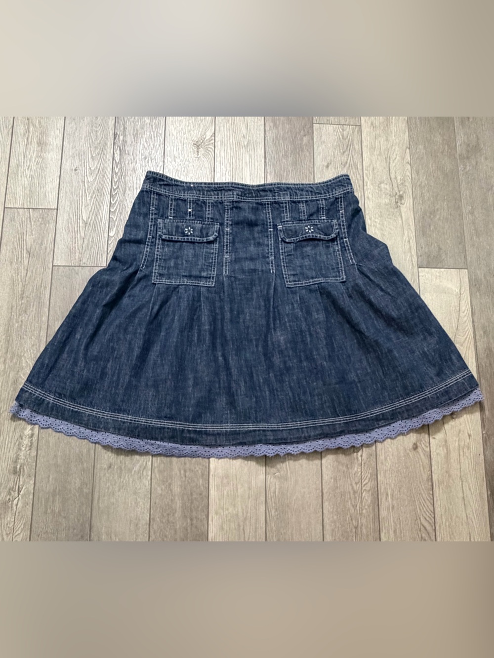Women's Dark Blue Denim Midi Skirt with Lace Trim Size 12